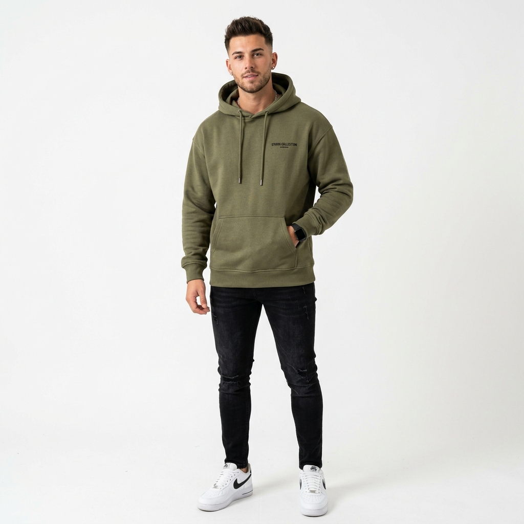 Erkek Haki Kapüşonlu Sweatshirt — Haki
