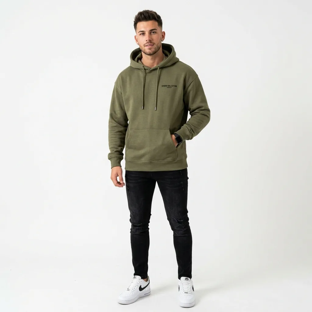 Erkek Haki Kapüşonlu Sweatshirt — büyük fotoğraf