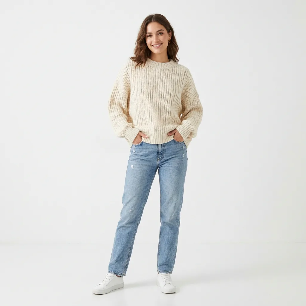 Kadın Krem Selanik Örgü Sweatshirt Kazak — büyük fotoğraf