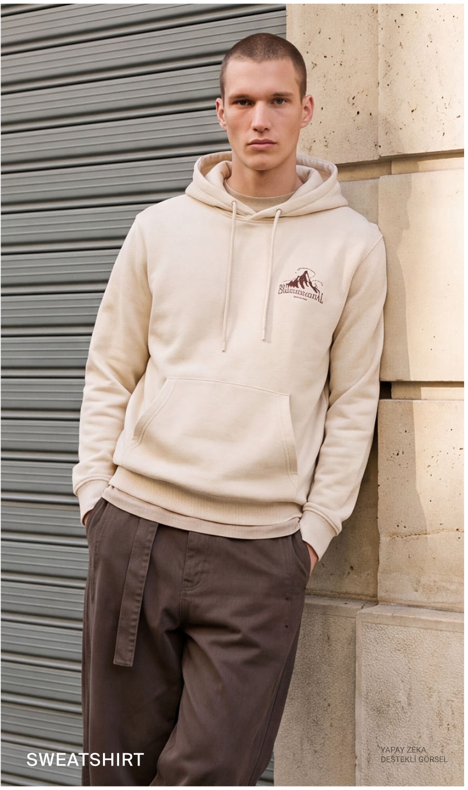 Erkek Haki Kapüşonlu Sweatshirt — Görünüm 2